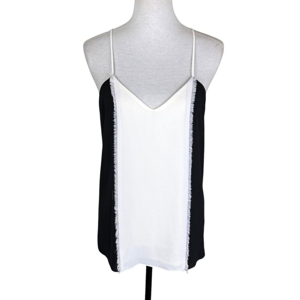 Drew NEW Black White Colorblock Fringe V-Neck Sleeveless Spaghetti Strap Top